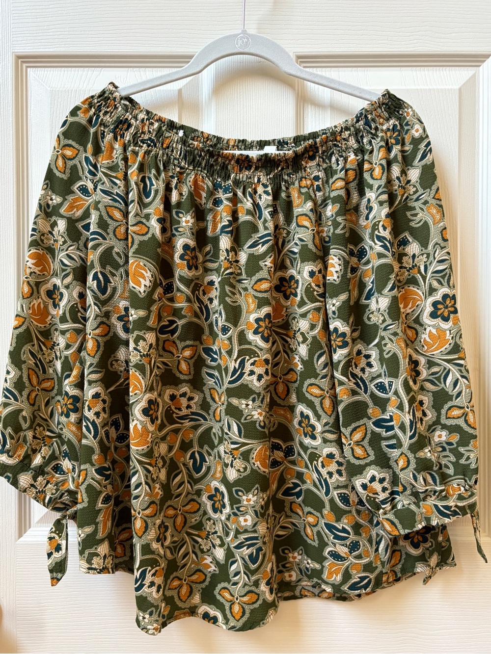 Collection B Olive Off-Shoulder Floral Blouse with Mustard Accents